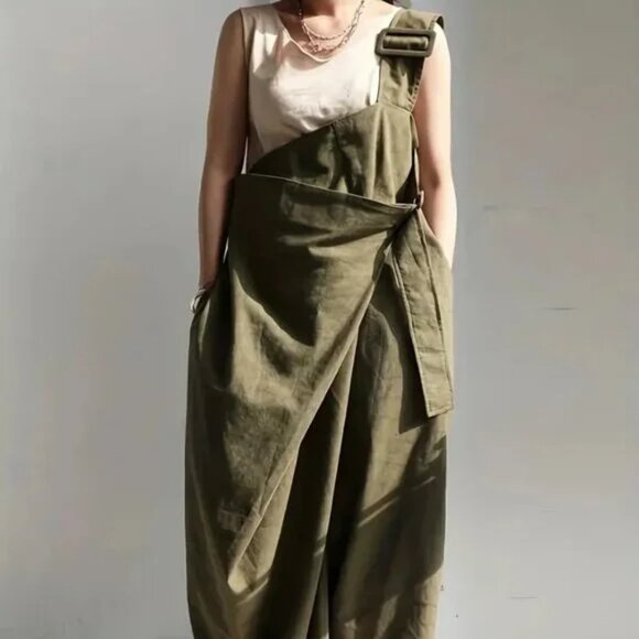 Olive Military Green One Shoulder Oversized Buckle Wide Leg Pants - Picture 2 of 3